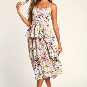 Lulu's Floral Print Tiered Riffle Midi Dress